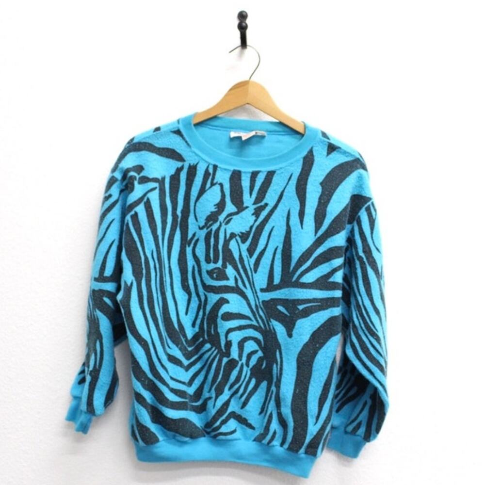 Vintage 80s Blue Zebra All Over Print Sweatshirt Mens Medium